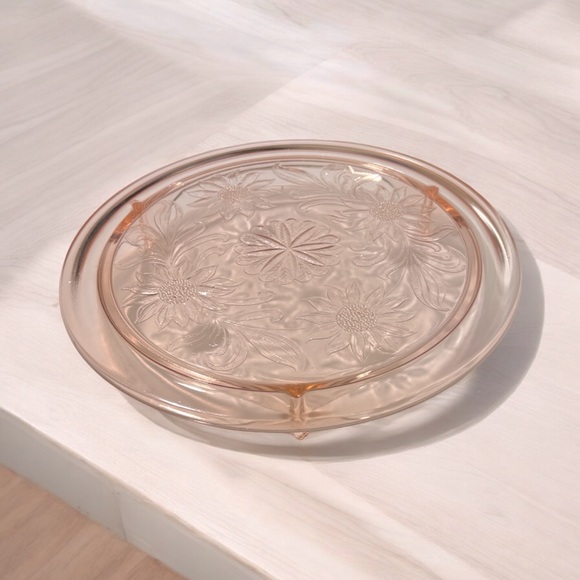 Vintage Other - Vintage Jeanette Pink Depression Glass Sunflower Footed Cake Plate 10" Stand